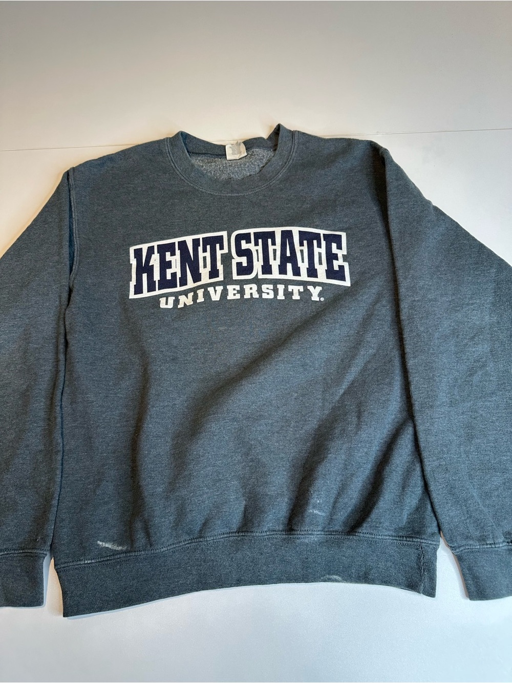 Gildan Women's Gray Crewneck Sweatshirt with White and Navy Kent State Logo